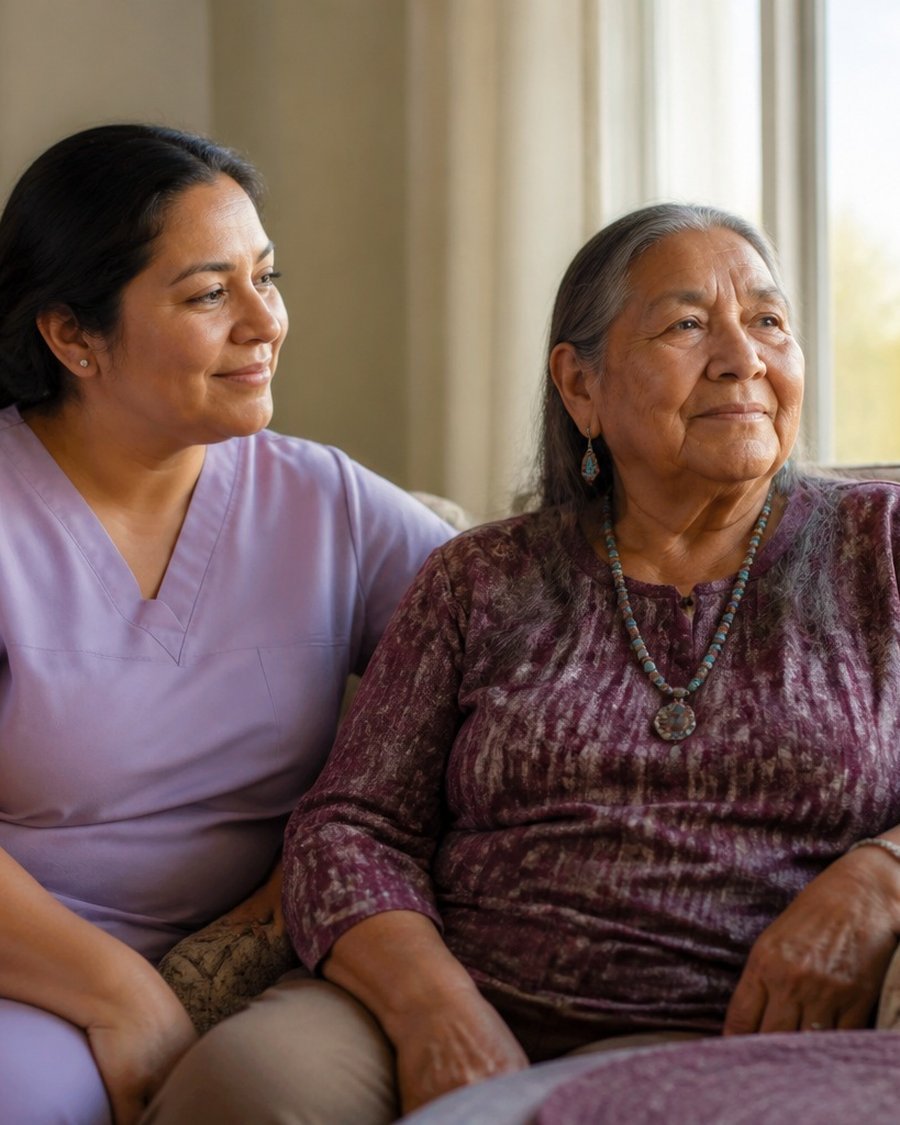 A caregiver quietly sitting beside her client by the window