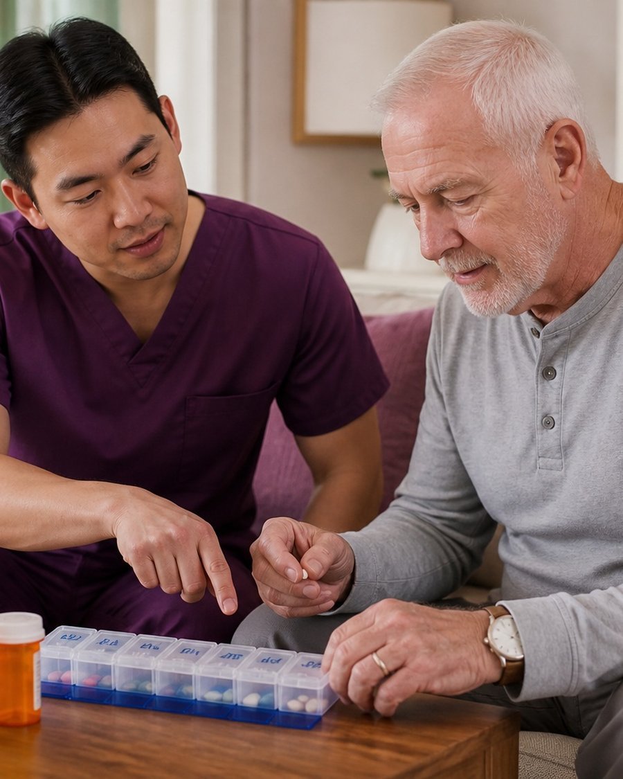 A caregiver helping his client with medication reminders