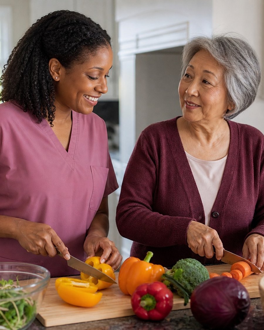 A caregiver preparing a healthy meal together with her client
