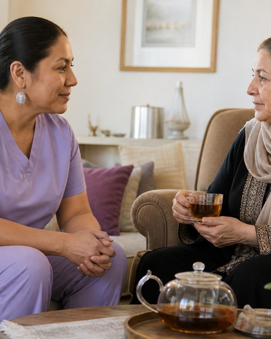 A caregiver enjoying quiet conversation and tea with her client