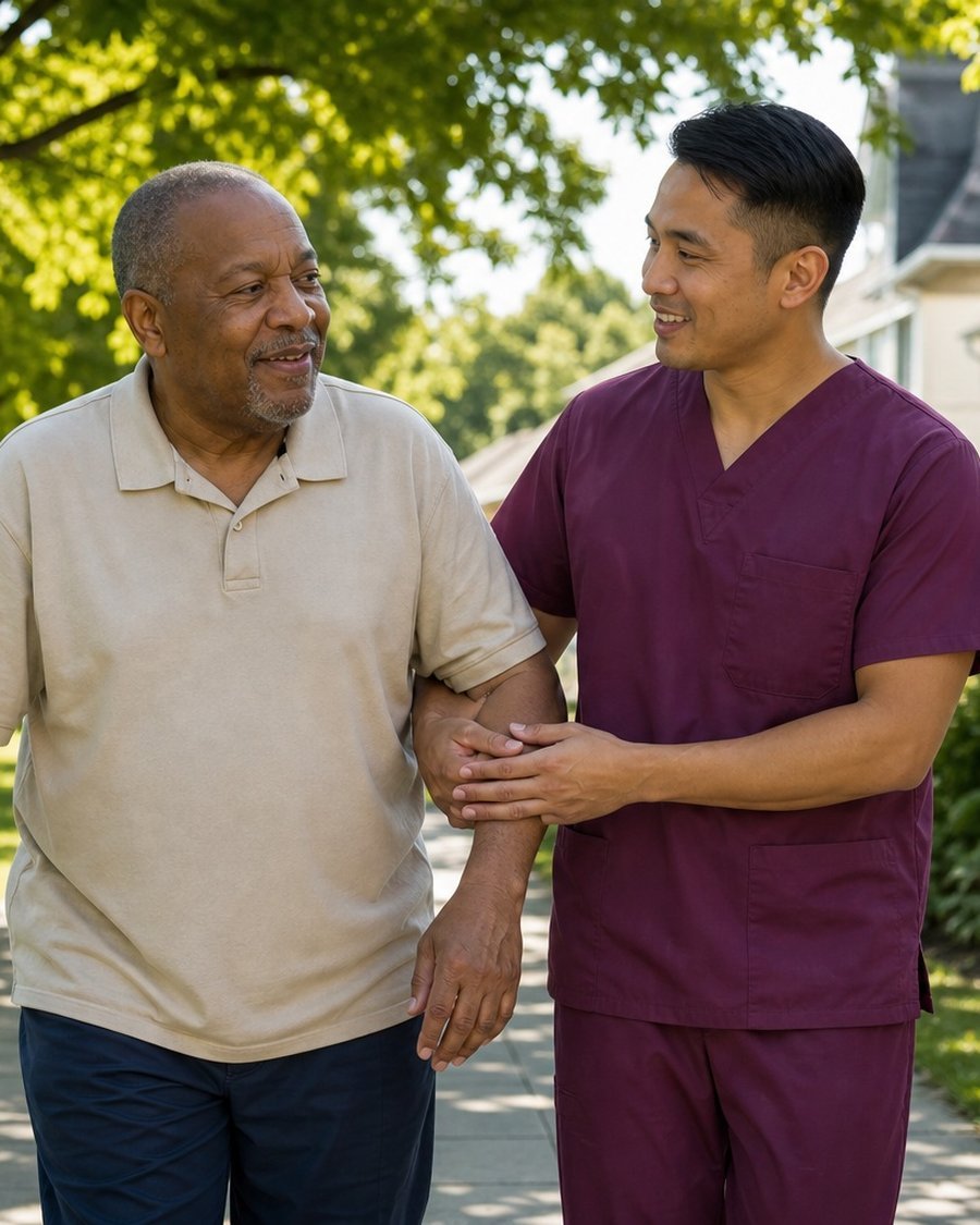 A caregiver assisting his client on a gentle neighborhood walk