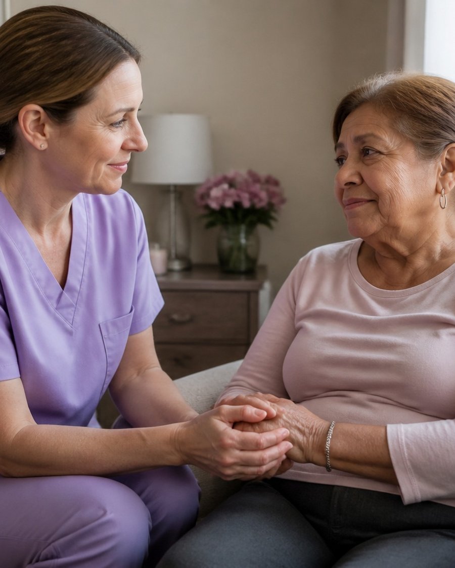 A caregiver holding her client's hand with comfort and warmth