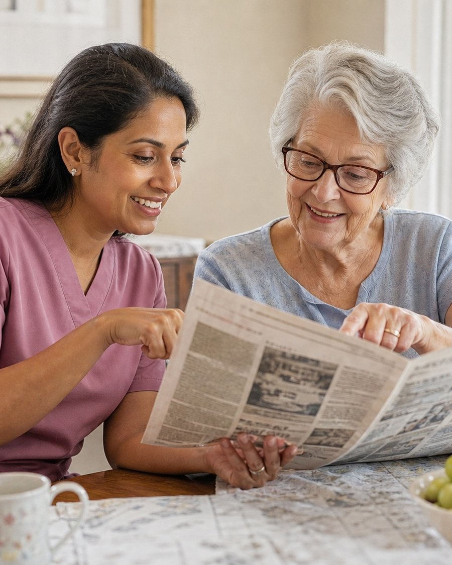A caregiver reading the morning paper together with her client